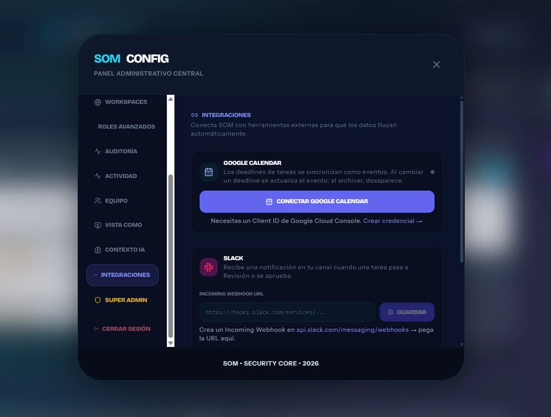 Panel de configuración e integraciones seguras